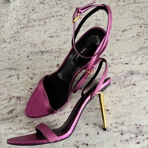 Nine West Reina Ankle Strap Sandals Metallic Purple Croc with Gold Accents